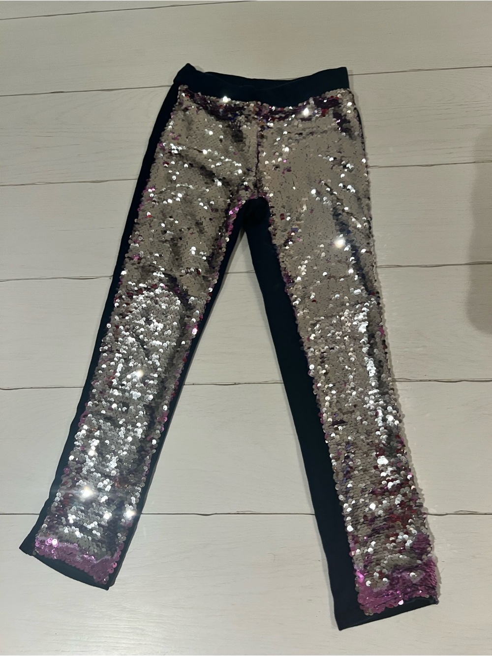 Girls' Silver/ Pink Sequin Leggings with Navy Back Side